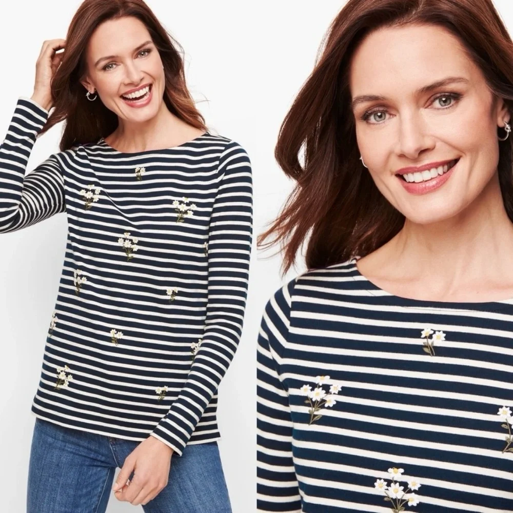 Talbots Striped Long Sleeve Top Womens L Floral Embroidered Basic Classic Preppy - Picture 2 of 15
